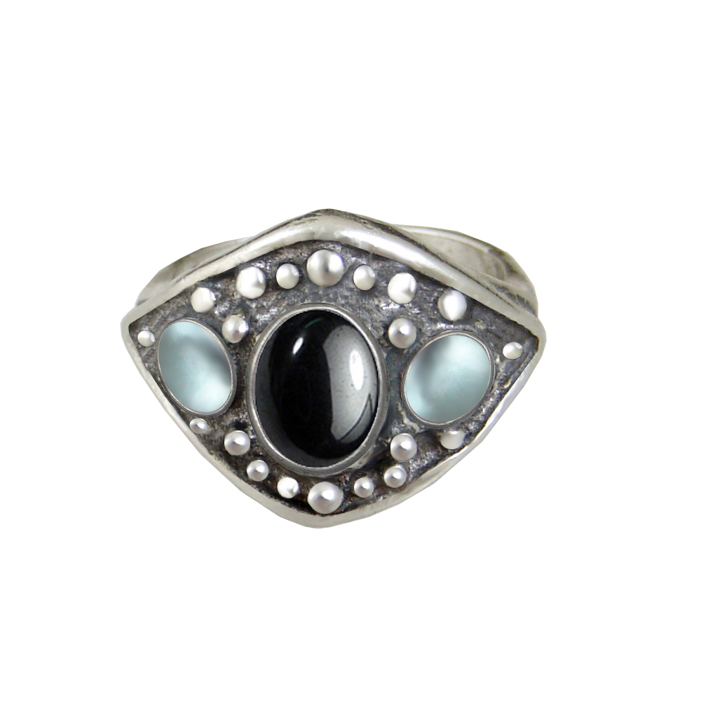 Sterling Silver Medieval Lady's Ring with Hematite And Blue Topaz Size 8